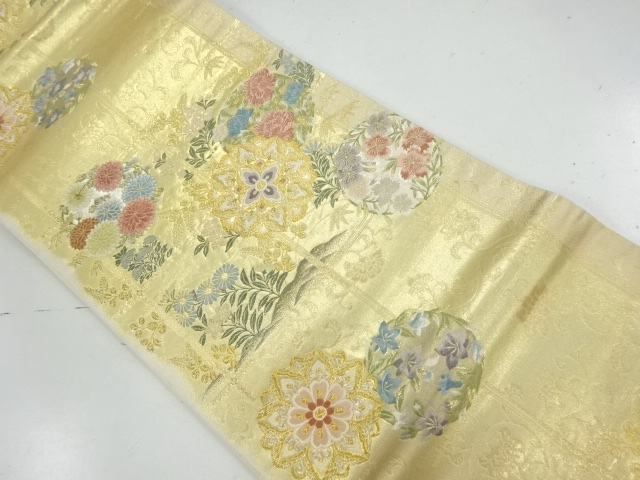 格天井に華紋・花丸模様織出し袋帯